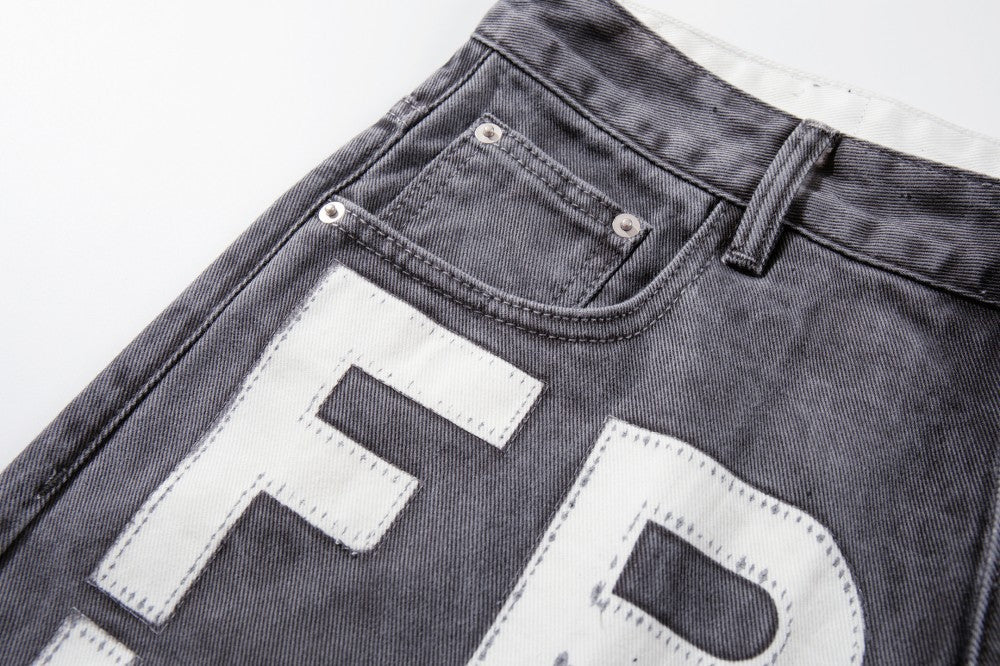 Gradient Paint Letter Graphic Wide Leg Denim Jeans WN28027