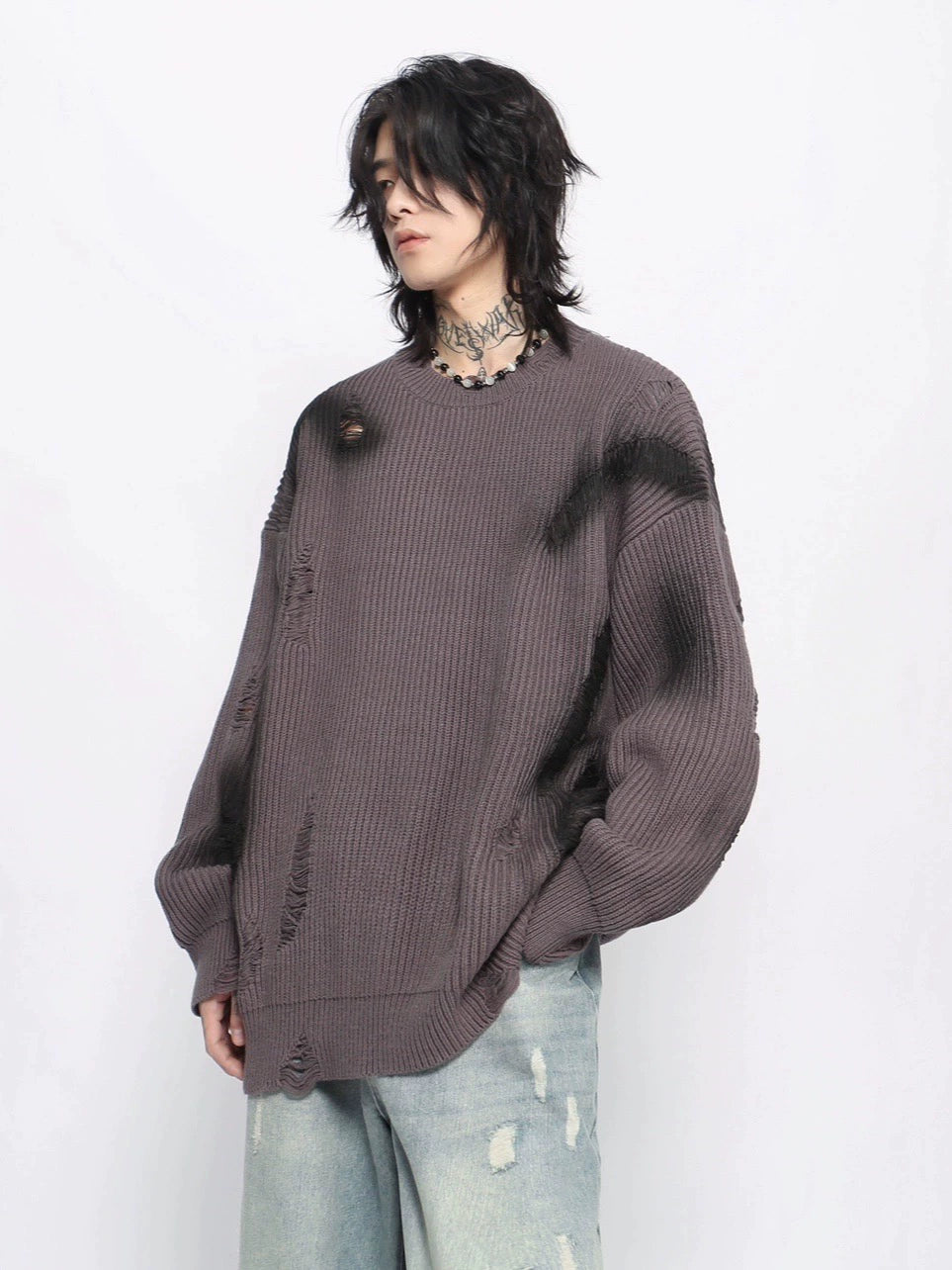 Paint Damage Design Oversize Knit Sweater WN10950