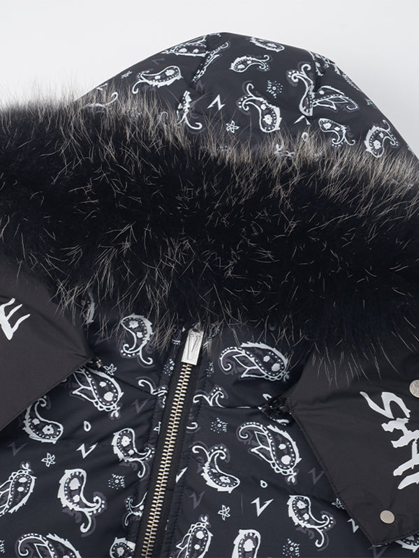 Paisley Hooded Fake Fur White Duck Down Jacket WN20991