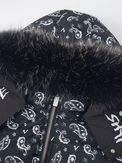 Paisley Hooded Fake Fur White Duck Down Jacket WN20991