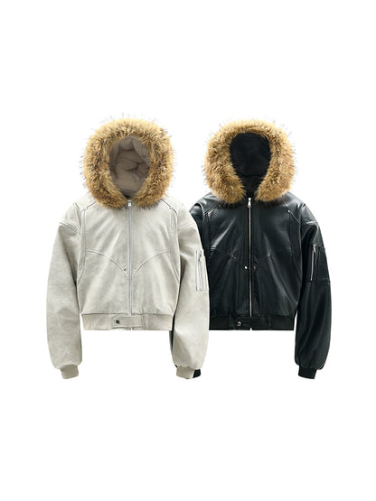 Fake Fur-Collar Plush Hooded Zipper Jacket WN22178