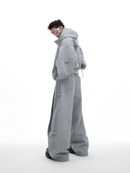 Drawstring Design Oversize Zipper Hoodie & Wide Leg Sweatpants Setup WN8051