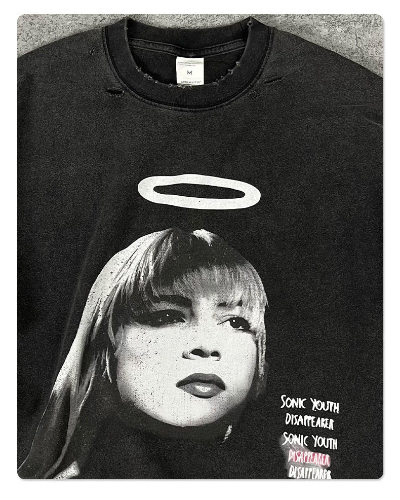 Washed Damage Digital Spray Print Short Sleeve T-Shirt WN16279