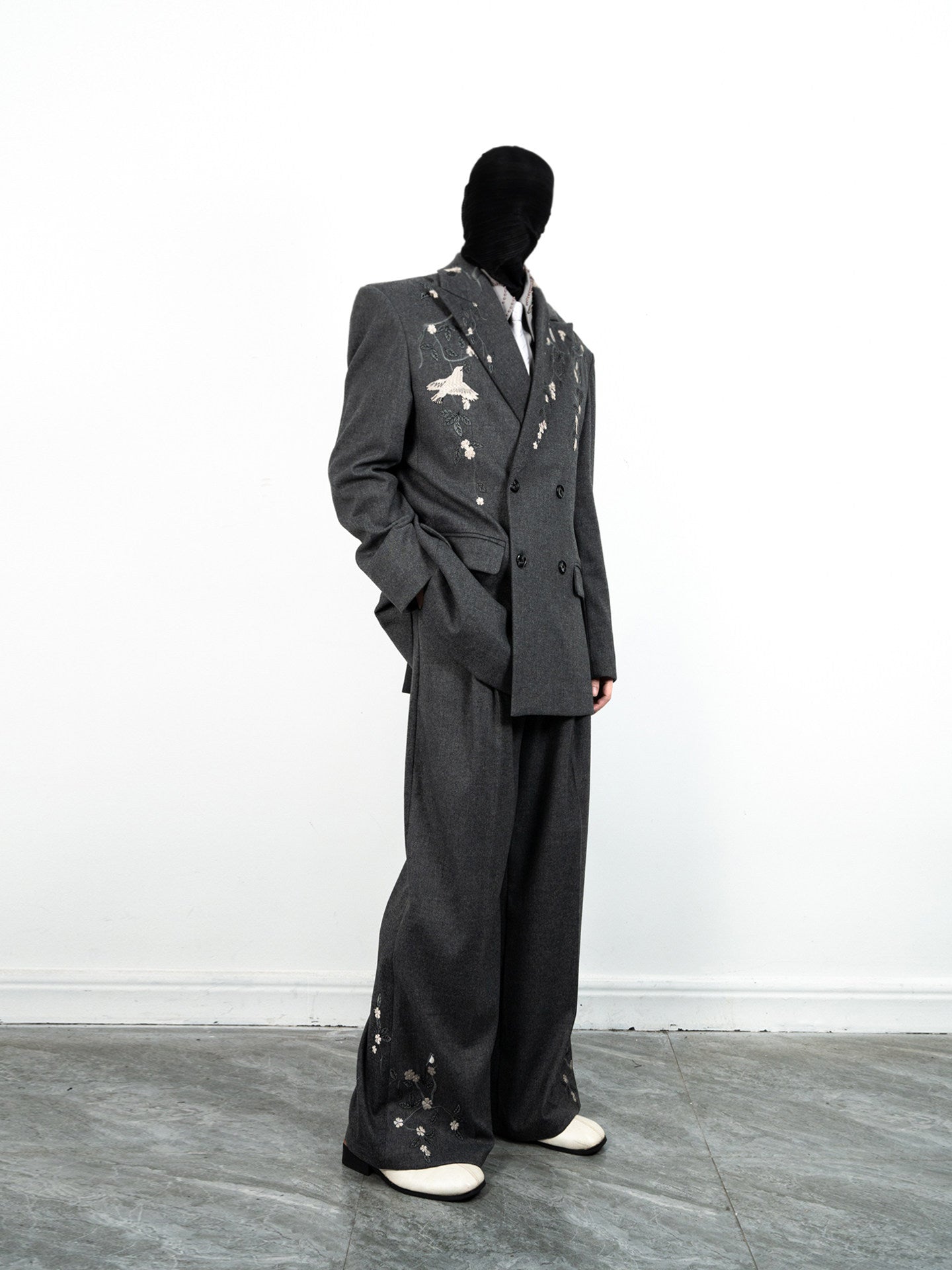 Floral Embroidery Double-Breasted Tailored Jacket & Wide-Leg Trousers Setup WN23629