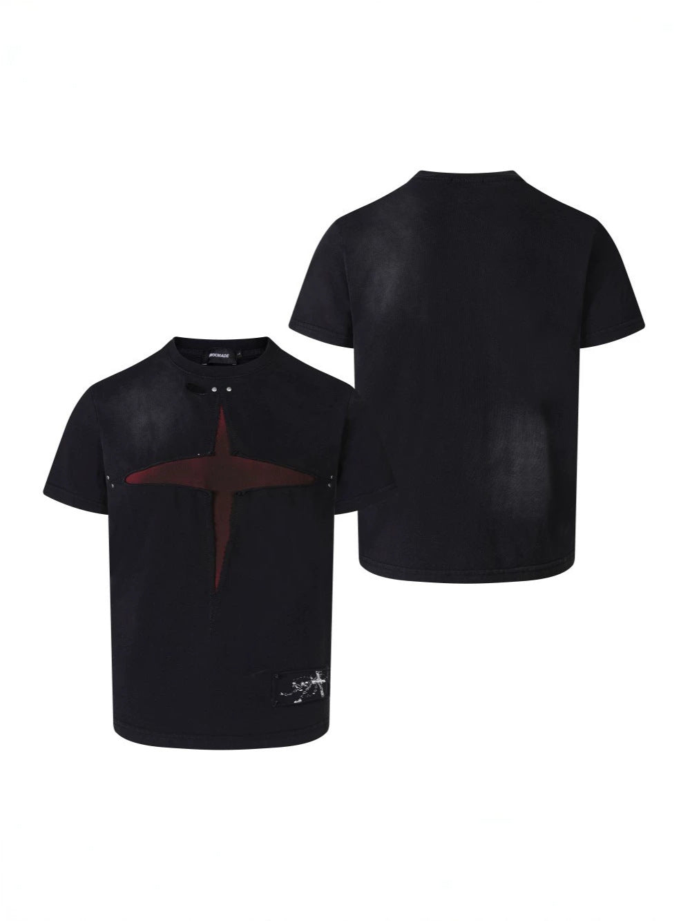 Patch Cross Studs Damage Washed Short Sleeve T-Shirt WN28118