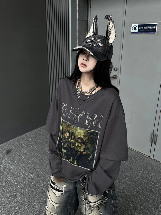 Henley Heavyweight Damage Fake Layered Long Sleeve T-Shirt WN24197