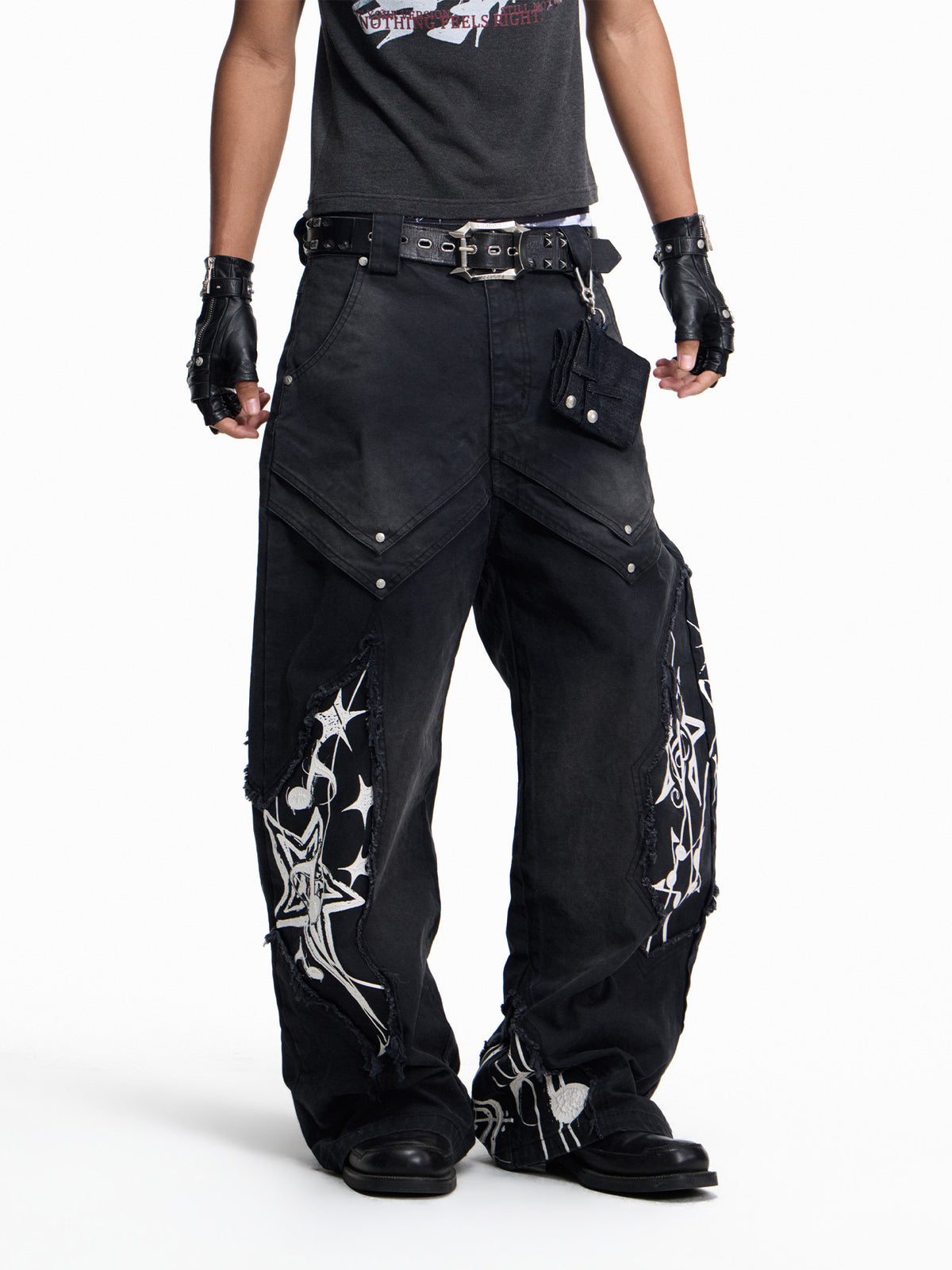 Music Note Print Washed Raw-Edge Wide Leg Pants WN27430