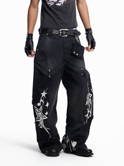 Music Note Print Washed Raw-Edge Wide Leg Pants WN27430