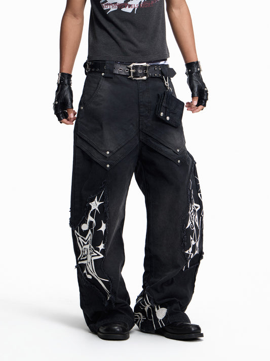 Music Note Print Washed Raw-Edge Wide Leg Pants WN27430