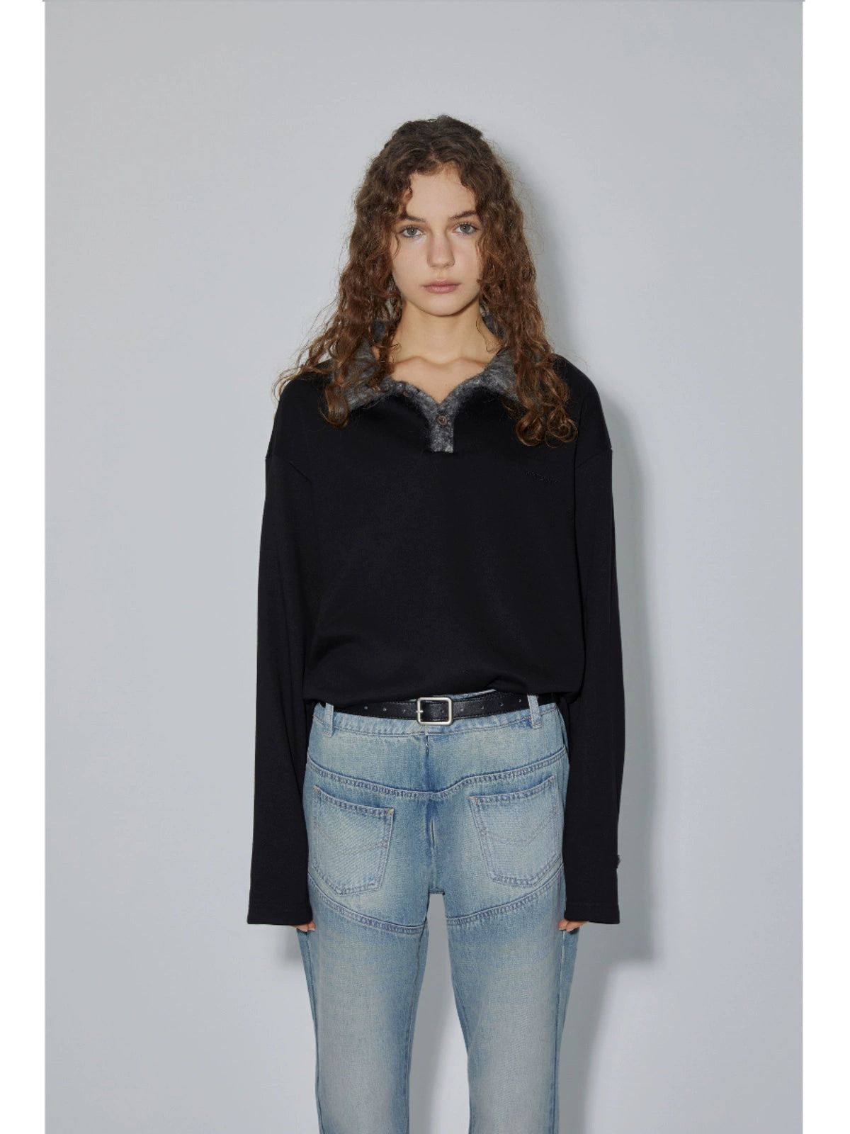 Wool-Effect Collar Polo Design Long Sleeve T-Shirt WN18907