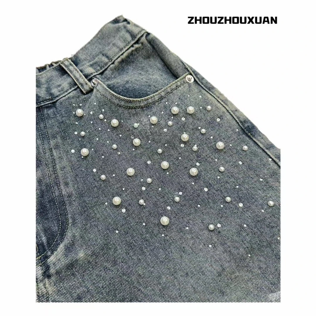 Wash Pearl Chain Short Denim Jeans WN20708