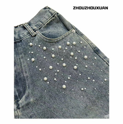 Wash Pearl Chain Short Denim Jeans WN20708