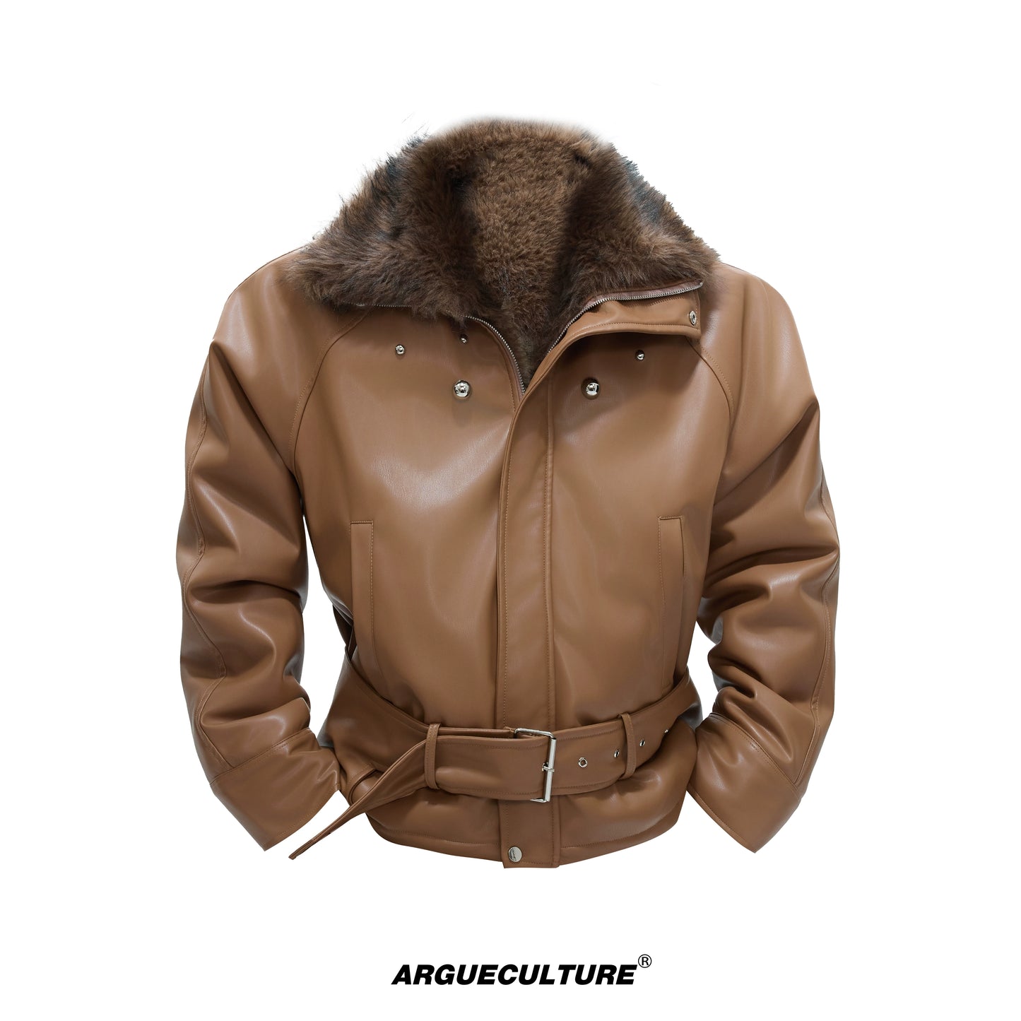 Studs High-Neck Fake Fur Collar PU Leather Puffer Jacket WN21719