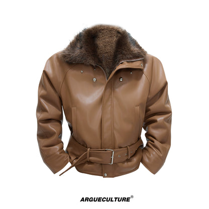 Studs High-Neck Fake Fur Collar PU Leather Puffer Jacket WN21719