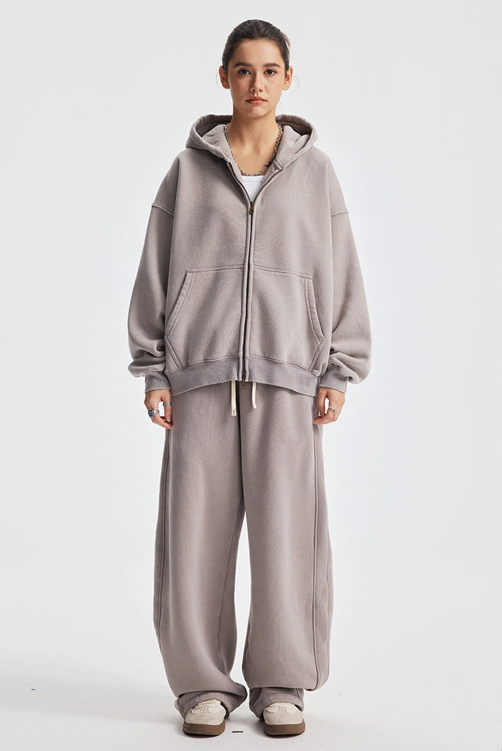 Fleece Lining Zip-Up Wax Dye Zipper Hoodie & Wide Leg Pants Sweatpants WN23112