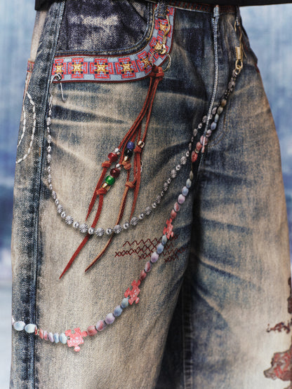 Ethnic Print Chain Wide Leg Denim Jeans WN23207