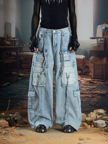 Studs Ribbon Washed Multi-Pocket Wide Leg Cargo Denim Jeans WN21348