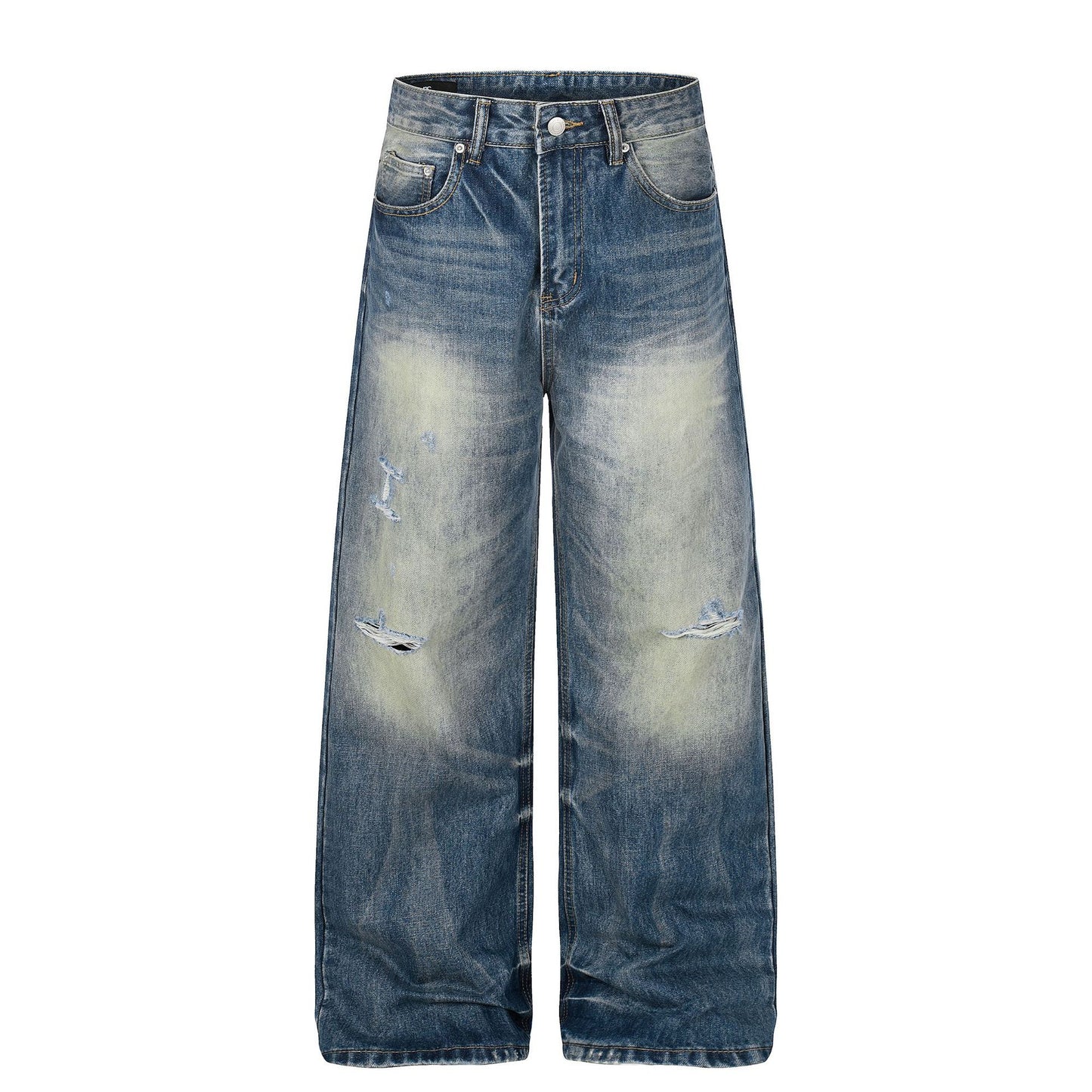 Washed Whisker Damage Wide Leg Denim Jeans WN26008
