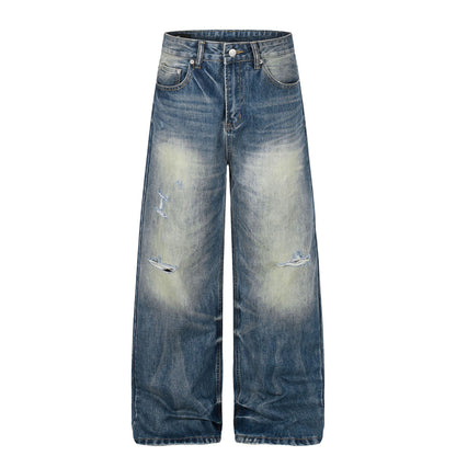 Washed Whisker Damage Wide Leg Denim Jeans WN26008