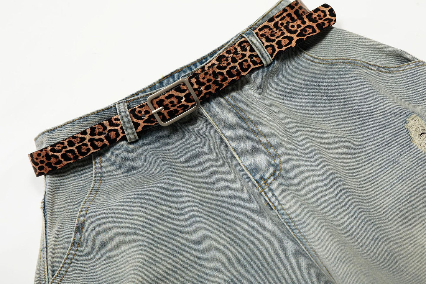 Washed Damage Panel Curved Denim Jeans WN25530