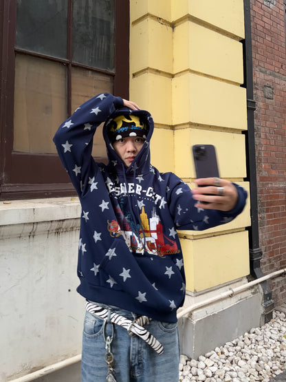 Star Print Fleece Oversize Pullover Hoodie WN24359