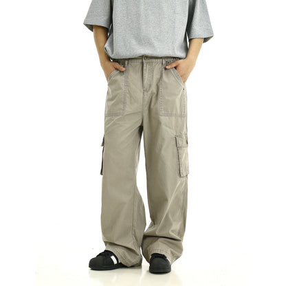 Washed Multiple Pocket Wide Leg Straight Cargo Pants WN8269