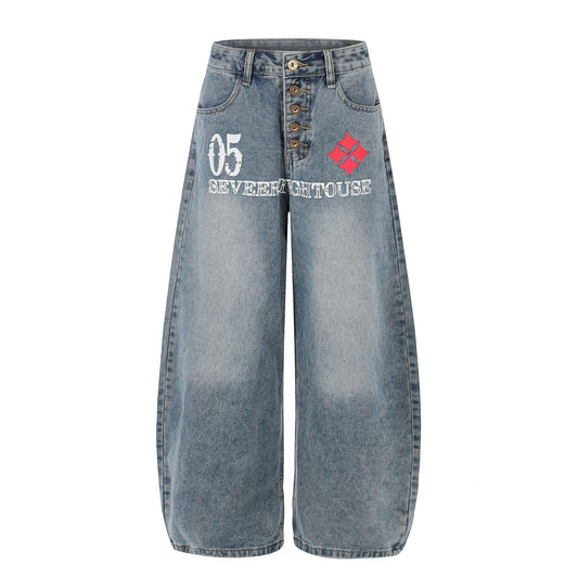 Button Fly Curved Wide Leg Denim Jeans WN25733