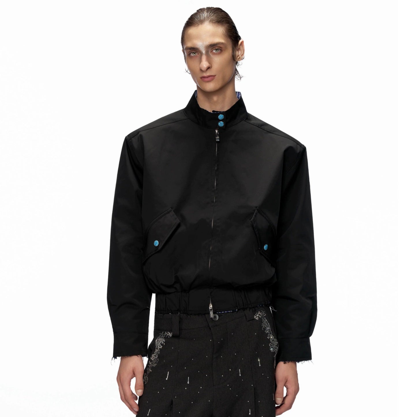 Striped Patchwork Standing-Collar Short Jacket WN20520