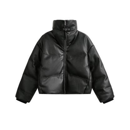 Stand Neck Short Thick PU Leather Puffer Jacket WN22233