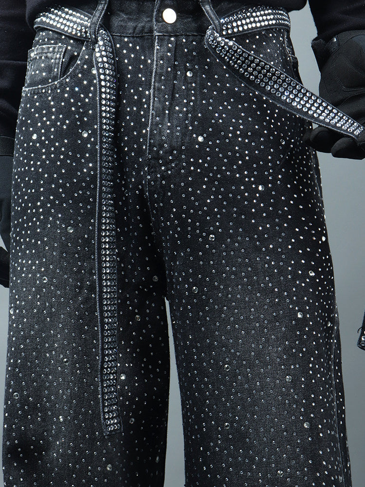 Rhinestone Star Design Washed Ribbon Wide Leg Denim Jeans WN23768