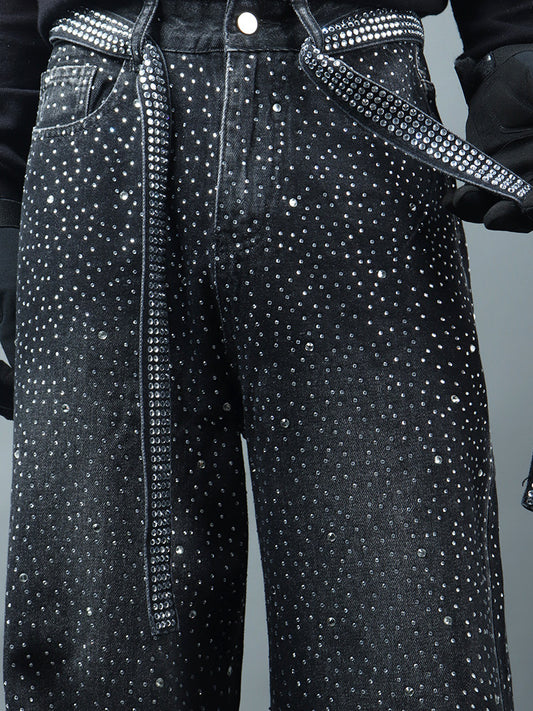 Rhinestone Star Design Washed Ribbon Wide Leg Denim Jeans WN23768