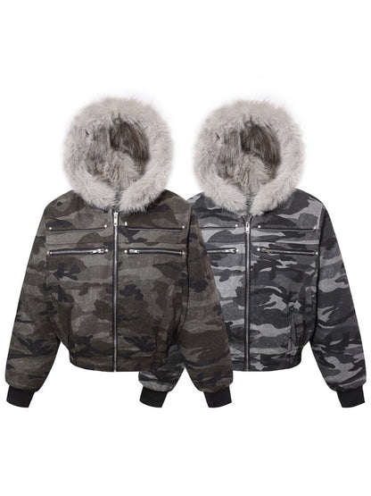 Camouflage Fake Fur Collar Multi-Zipper Short Puffer Jacket WN27891