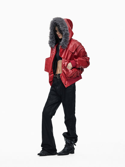 Fake Fur Hooded Short PU Leather Jacket WN27252