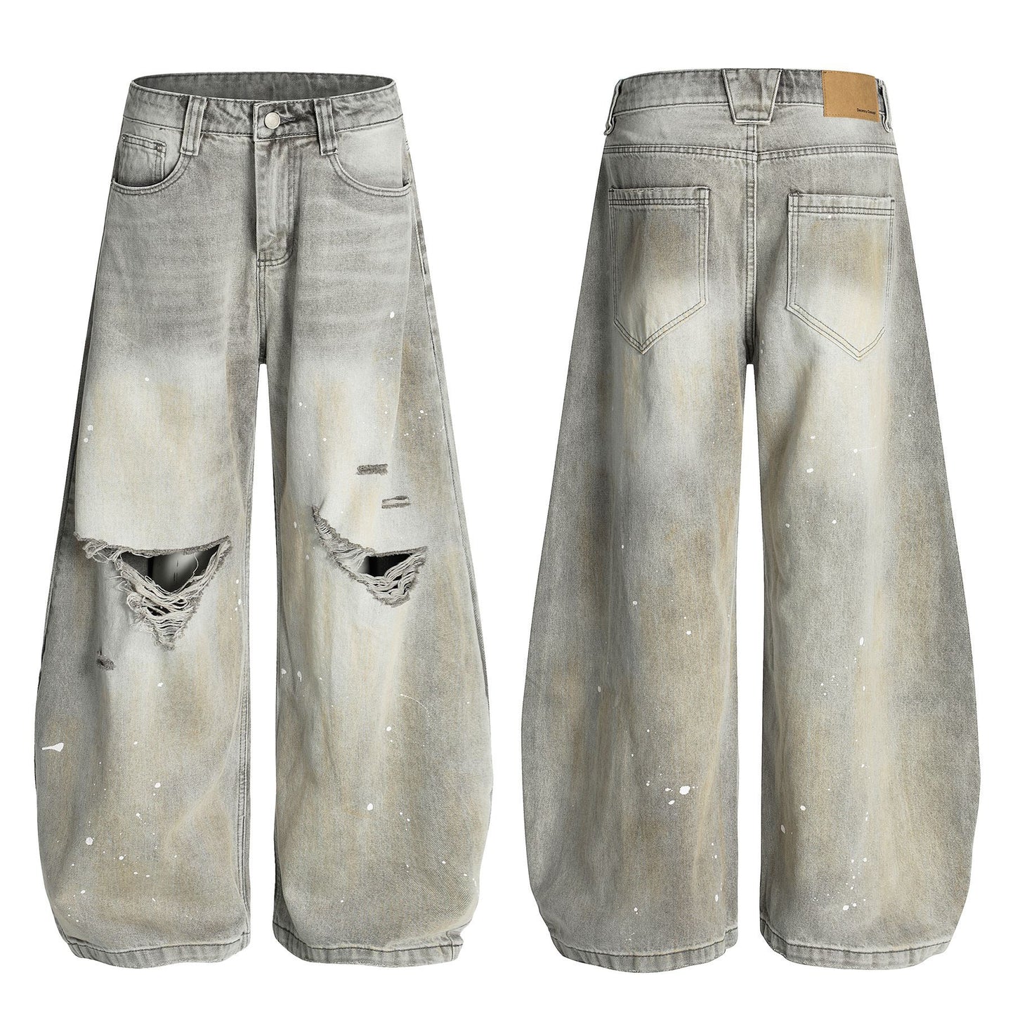 Ink Splash Damage Curved Wide Leg Denim Jeans WN26166