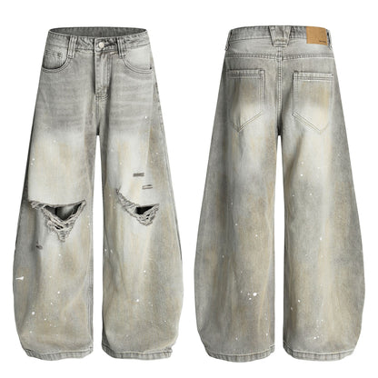 Ink Splash Damage Curved Wide Leg Denim Jeans WN26166