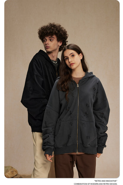 Oversize Damage Double Zipper Hoodie WN9975
