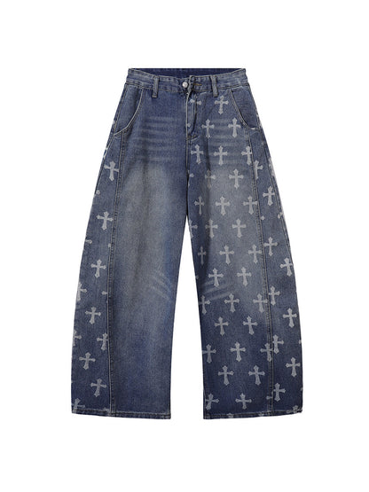 Cross Print Washed Curved Draped Wide Leg Denim Jeans WN24224