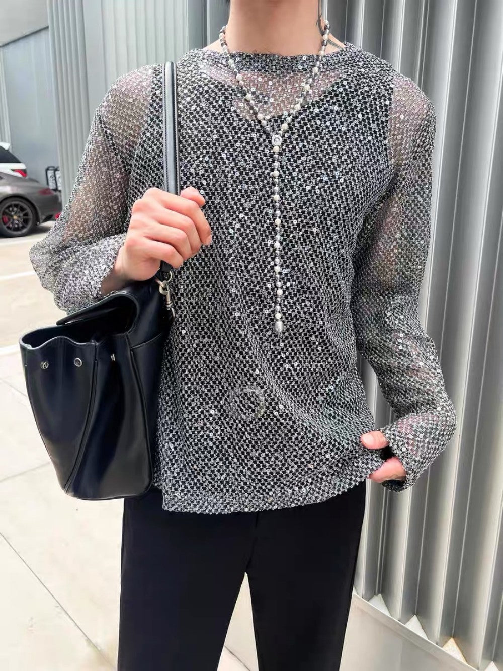 Sequin Mesh Sheer Oversize Long Sleeve T-Shirt WN27946