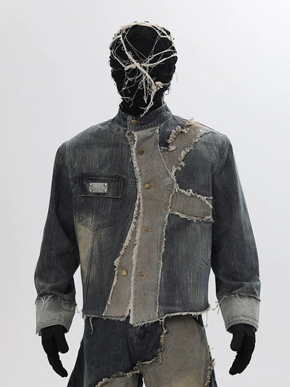 Deconstructed Patchwork Washed Denim Jacket & Damage Wide Leg Denim Jeans Setup WN18681