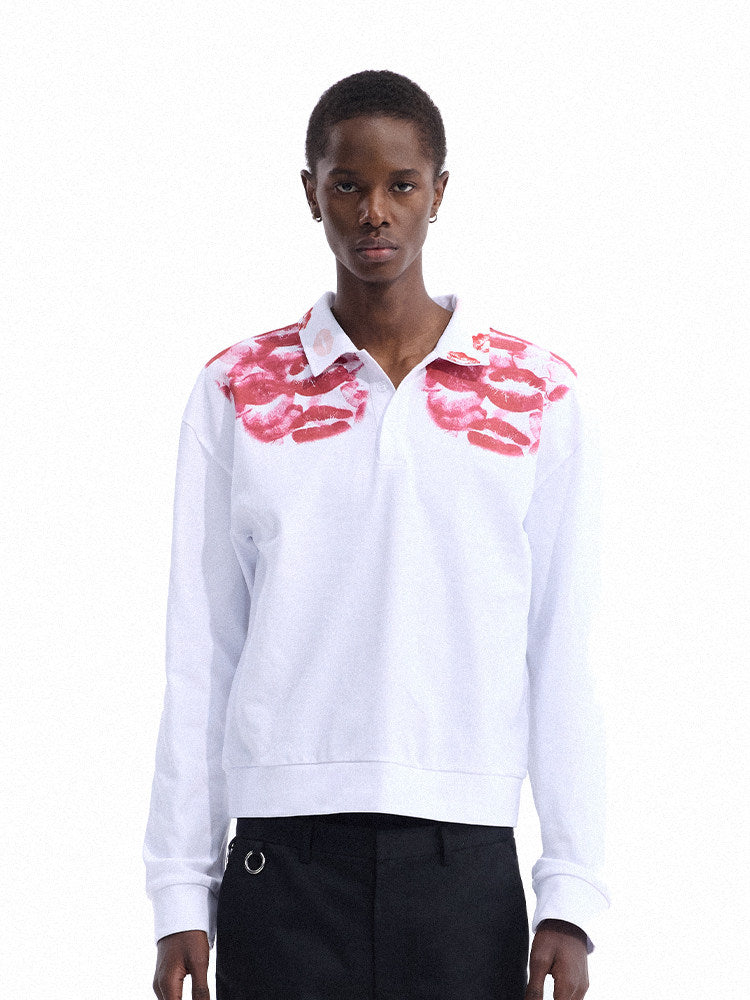 Lip Print Polo-Collar Long Sleeve Shirt WN27144
