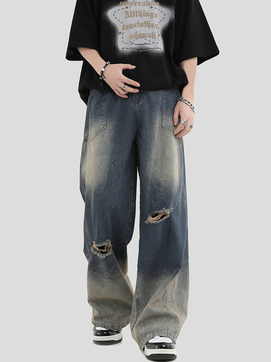 Washed Gradual Damage Wide-Leg Straight Denim Jeans WN7233