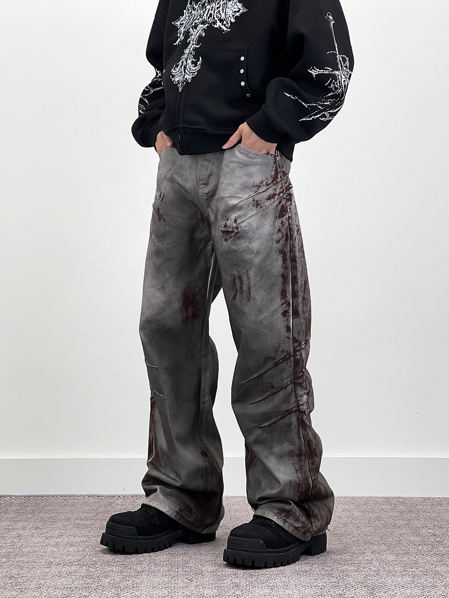 Blood Stain Scratch Damage Deconstructed Flare Denim Jeans WN24242
