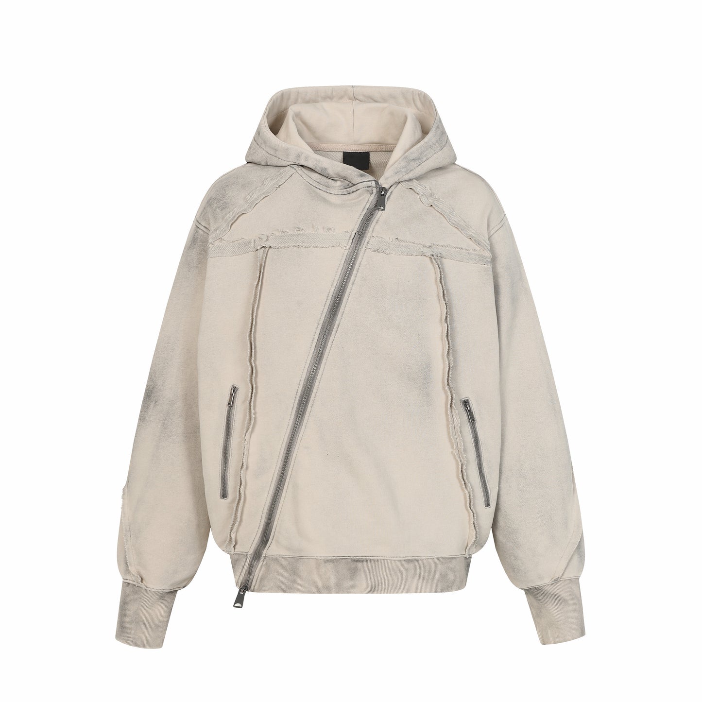 Oversize Diagonal Zip Patchwork Washed Hoodie WN24441