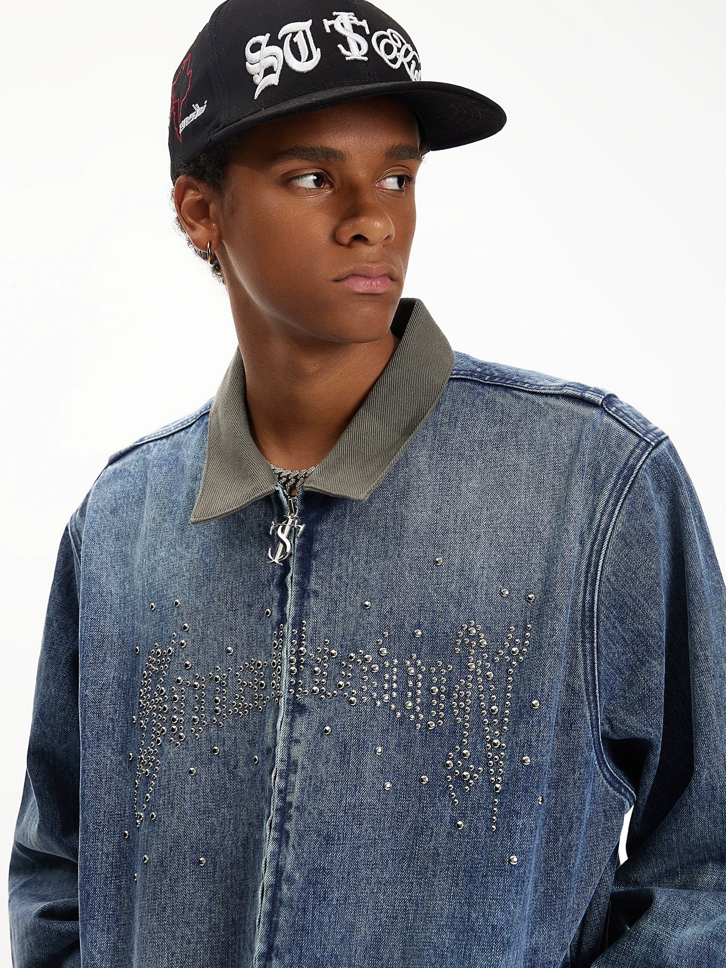 Patchwork Collar Washed Rivet Denim Jacket WN11934