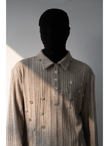 Button Detail Ribbed Polo Knit Sweater WN23640