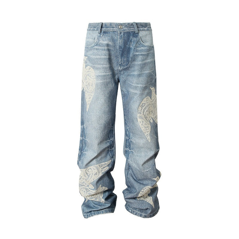 Wing Embroidery Wide Leg Denim Jeans WN23216