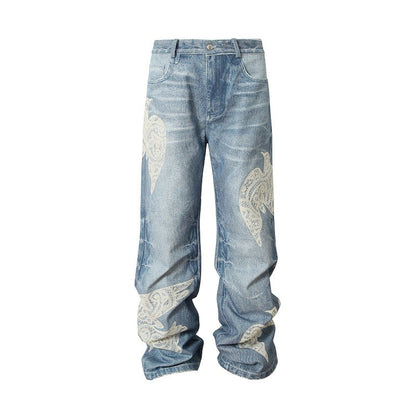 Wing Embroidery Wide Leg Denim Jeans WN23216