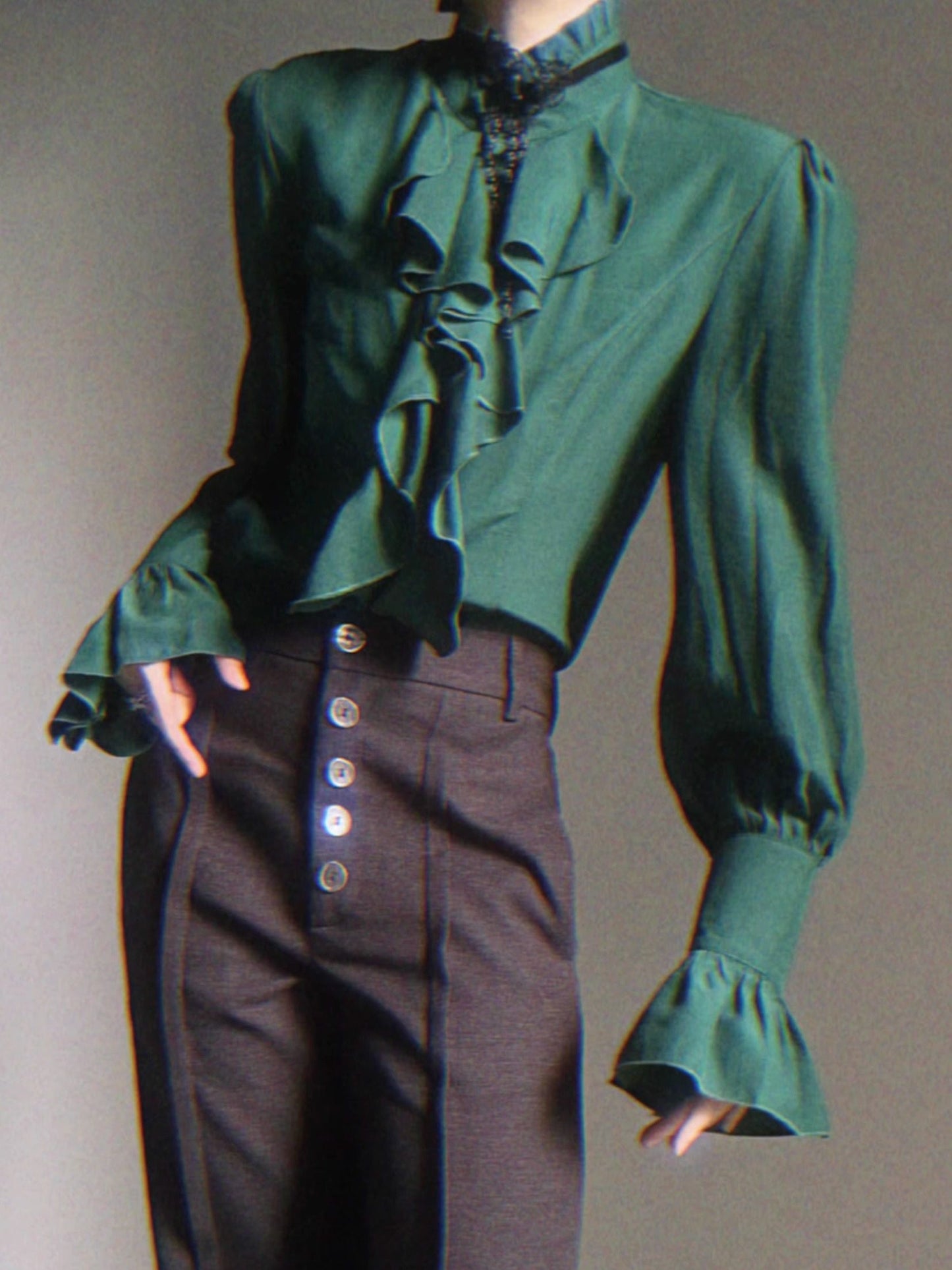 Standing-Collar Ruffle Drape Long Sleeve Shirt WN23140