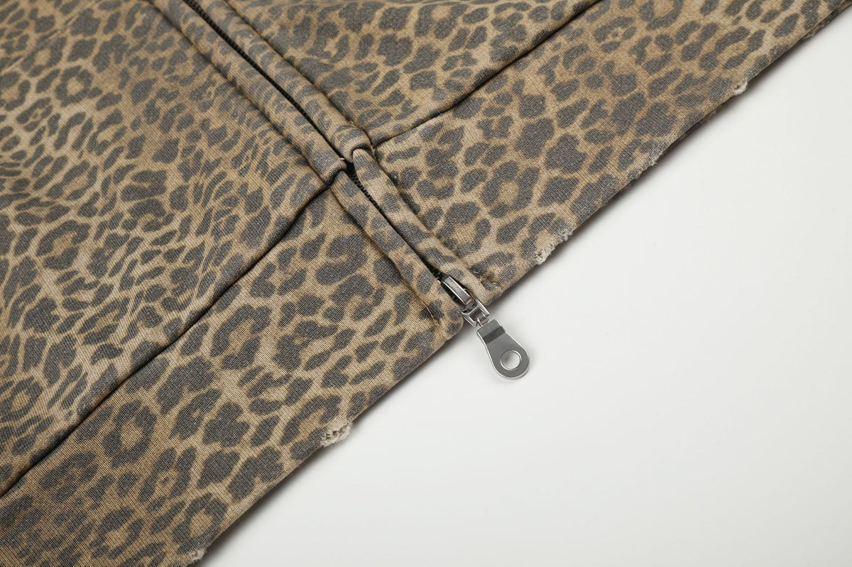 Leopard Cutout Damage Letter Zipper Hoodie WN28110