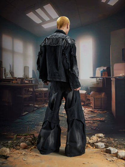 Washed Ribbon Splicing Denim Jacket & Flare Cargo Denim Jeans Setup WN21338